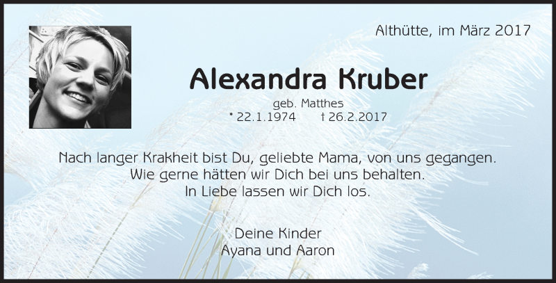  Traueranzeige für Alexandra Kruber vom 10.03.2017 aus Waiblinger Kreiszeitung