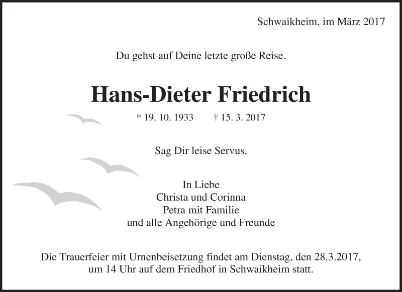  Traueranzeige für Hans-Dieter Friedrich vom 22.03.2017 aus Waiblinger Kreiszeitung