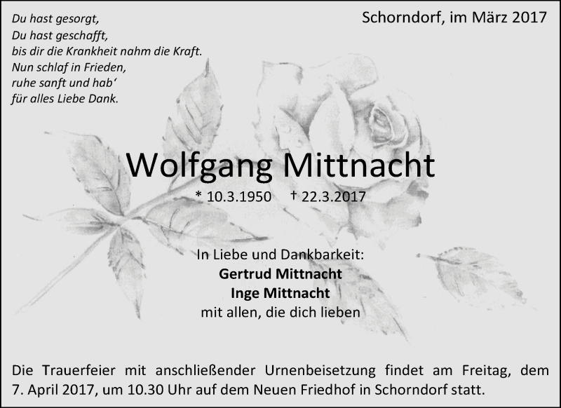  Traueranzeige für Wolfgang Mittnacht vom 04.04.2017 aus Waiblinger Kreiszeitung