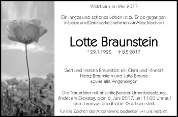 Traueranzeige von Lotte Braunstein von Waiblinger Kreiszeitung