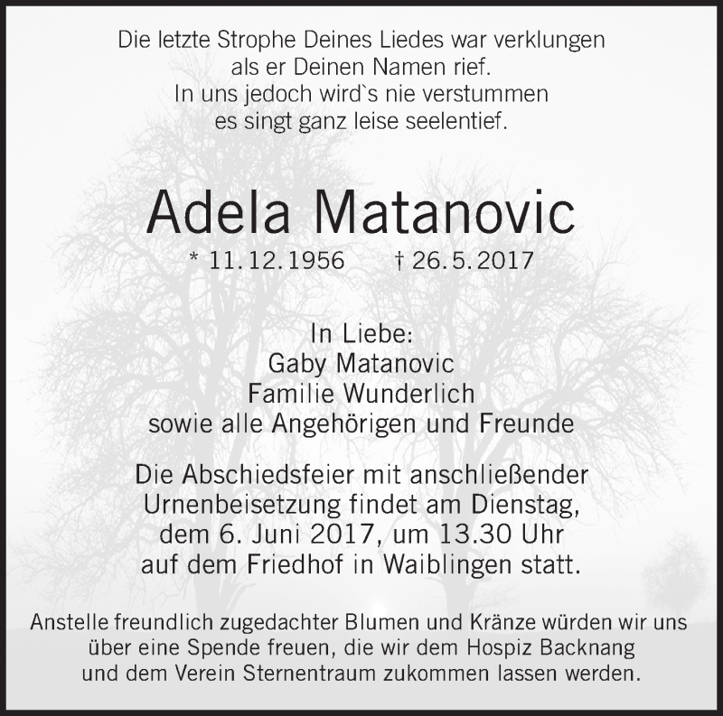  Traueranzeige für Adela Matanovic vom 31.05.2017 aus Waiblinger Kreiszeitung