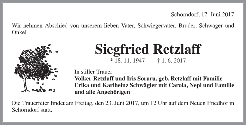 Traueranzeige für Siegfried Retzlaff vom 17.06.2017 aus Waiblinger Kreiszeitung