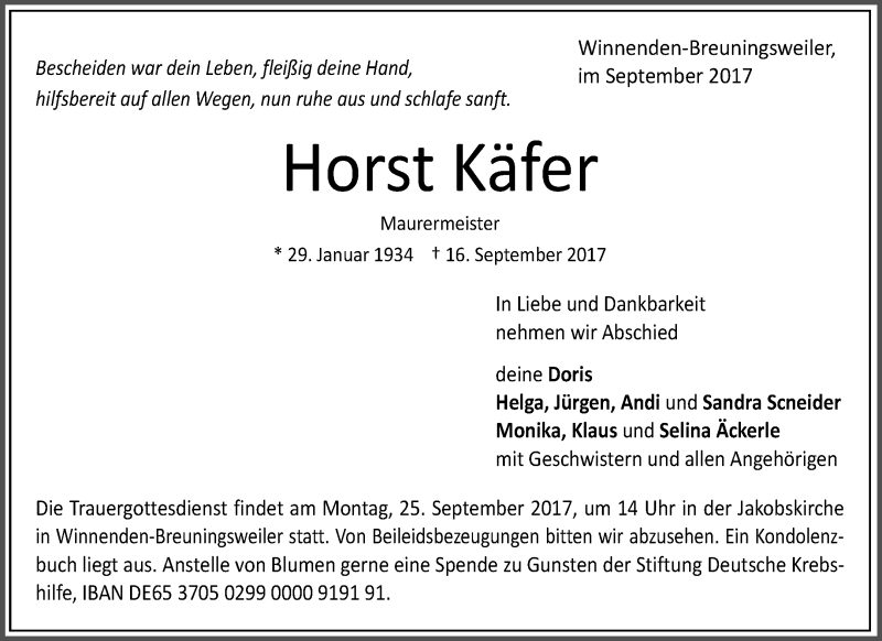  Traueranzeige für Horst Käfer vom 21.09.2017 aus Waiblinger Kreiszeitung