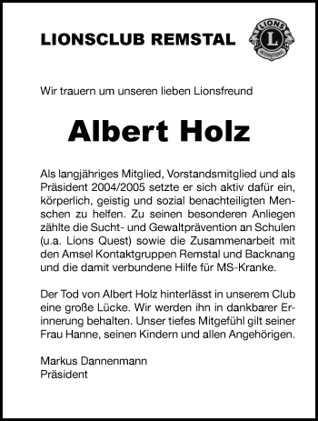 Traueranzeige von Albert Holz von Waiblinger Kreiszeitung