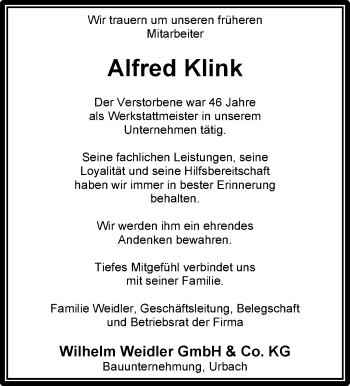 Traueranzeige von Alfred Klink von Waiblinger Kreiszeitung