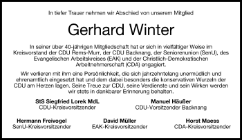 Traueranzeige von Gerhard Winter von Waiblinger Kreiszeitung