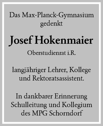 Traueranzeige von Josef Hokenmaier von Waiblinger Kreiszeitung