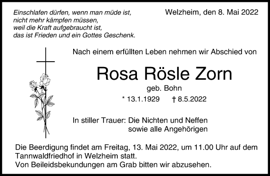 Traueranzeige von Rosa Rösle Zorn von Waiblinger Kreiszeitung