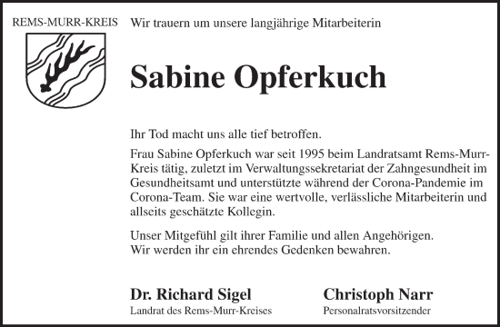 Traueranzeige von Sabine Opferkuch von Waiblinger Kreiszeitung