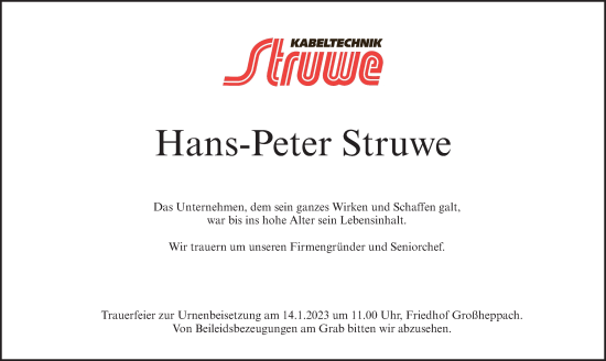 Traueranzeige von Hans-Peter Struwe von Waiblinger Kreiszeitung