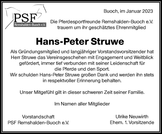 Traueranzeige von Hans-Peter Struwe von Waiblinger Kreiszeitung