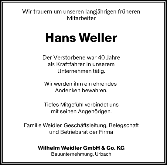 Traueranzeige von Hans Weller von Waiblinger Kreiszeitung