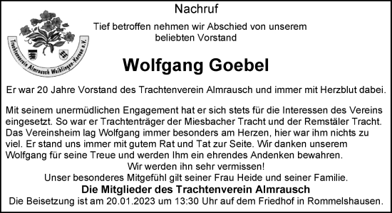 Traueranzeige von Wolfgang Goebel von Waiblinger Kreiszeitung