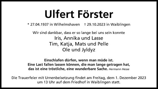 Traueranzeige von Ulfert Förster von Waiblinger Kreiszeitung