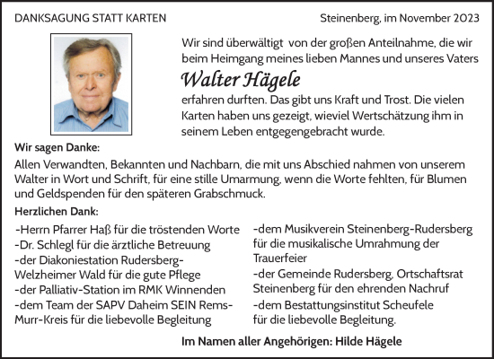 Traueranzeige von Walter Hägele von Waiblinger Kreiszeitung