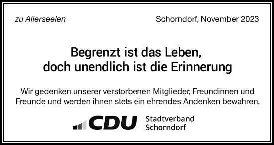 Traueranzeige von zu Allerseelen CDU Stadtverband Schorndorf von Waiblinger Kreiszeitung