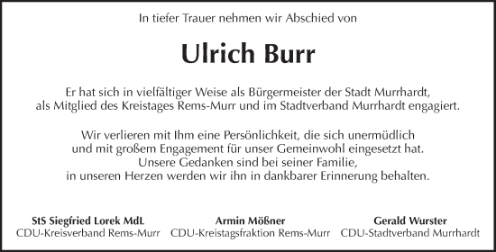 Traueranzeige von Ulrich Burr von Waiblinger Kreiszeitung