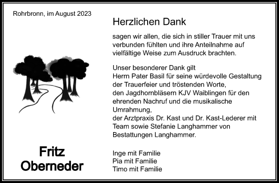 Traueranzeige von Fritz Oberneder von Waiblinger Kreiszeitung