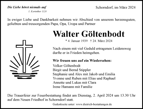 Traueranzeige von Walter Göltenbodt von Waiblinger Kreiszeitung