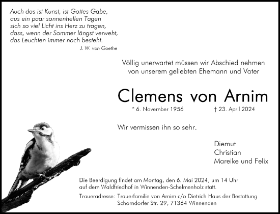 Traueranzeige von Clemens von Arnim von Waiblinger Kreiszeitung