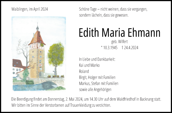 Traueranzeige von Edith Maria Ehmann von Waiblinger Kreiszeitung