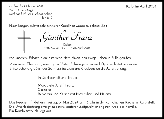 Traueranzeige von Günther Franz von Waiblinger Kreiszeitung