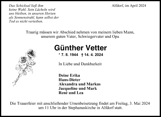 Traueranzeige von Günther Vetter von Waiblinger Kreiszeitung