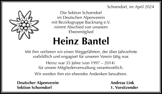 Traueranzeige von Heinz Bantel von Waiblinger Kreiszeitung