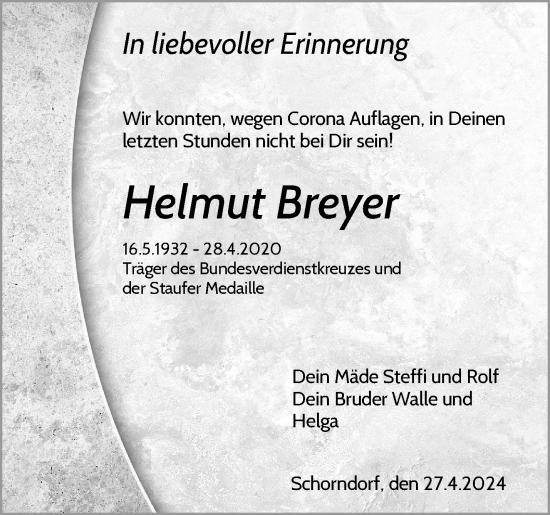 Traueranzeige von Helmut Breyer von Waiblinger Kreiszeitung