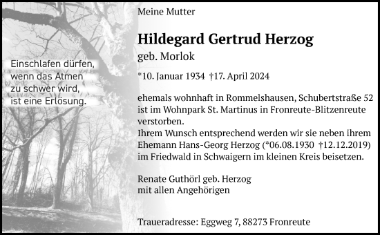 Traueranzeige von Hildegard  Herzog von Waiblinger Kreiszeitung