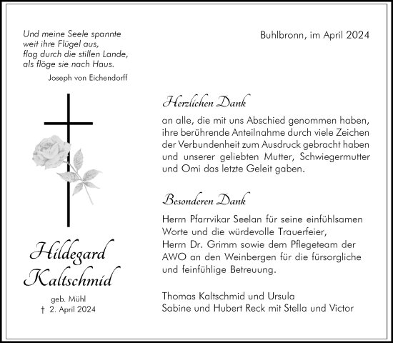 Traueranzeige von Hildegard Kaltschmid von Waiblinger Kreiszeitung