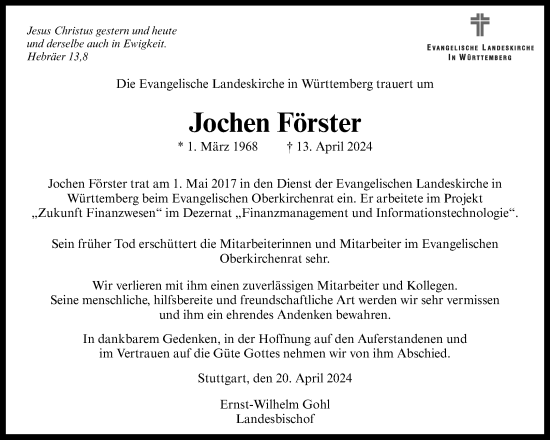 Traueranzeige von Jochen Förster von Waiblinger Kreiszeitung