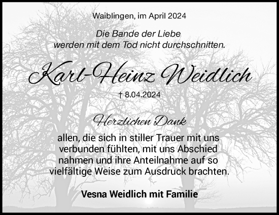 Traueranzeige von Karl-Heinz Weidlich von Waiblinger Kreiszeitung