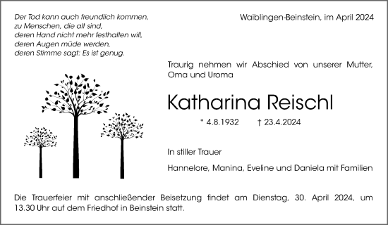 Traueranzeige von Katharina Reischl von Waiblinger Kreiszeitung