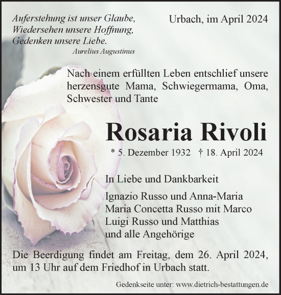 Traueranzeige von Rosaria Rivoli von Waiblinger Kreiszeitung