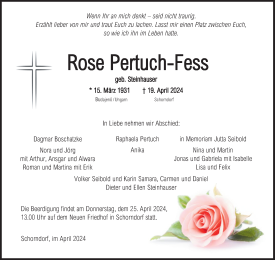 Traueranzeige von Rose Pertuch-Fess von Waiblinger Kreiszeitung