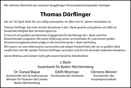 Traueranzeige von Thomas Dörflinger von Waiblinger Kreiszeitung