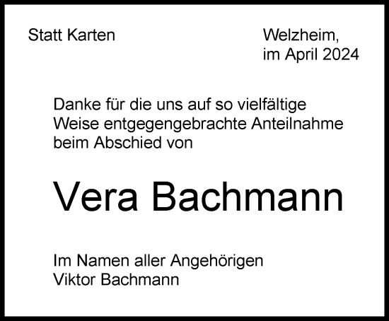 Traueranzeige von Vera Bachmann von Waiblinger Kreiszeitung