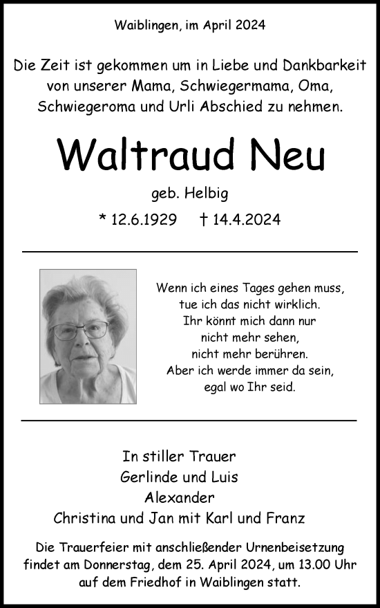 Traueranzeige von Waltraud Neu von Waiblinger Kreiszeitung