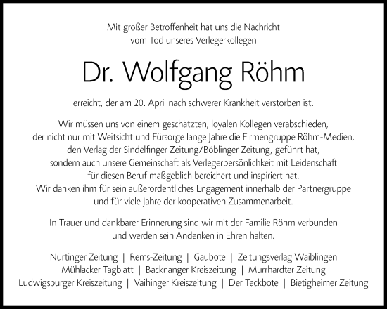 Traueranzeige von Wolfgang Röhm von Waiblinger Kreiszeitung