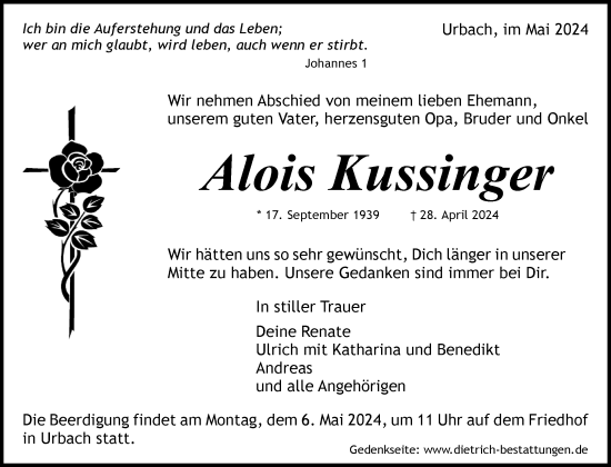 Traueranzeige von Alois Kussinger von Waiblinger Kreiszeitung