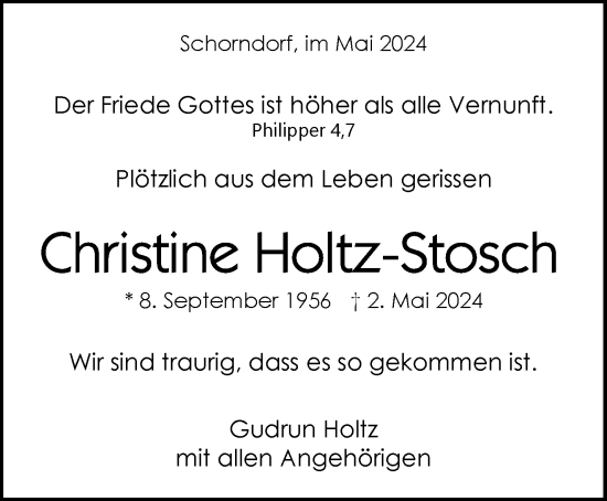Traueranzeige von Christine Holtz-Stosch von Waiblinger Kreiszeitung