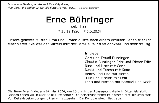 Traueranzeige von Erne Bühringer von Waiblinger Kreiszeitung