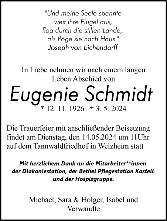 Traueranzeige von Eugenie Schmidt von Waiblinger Kreiszeitung