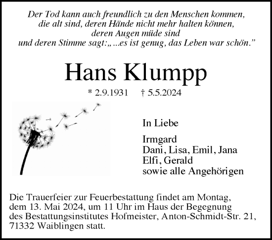 Traueranzeige von Hans Klumpp von Waiblinger Kreiszeitung
