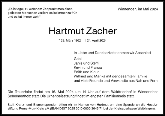 Traueranzeige von Hartmut Zacher von Waiblinger Kreiszeitung