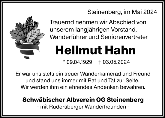 Traueranzeige von Hellmut Hahn von Waiblinger Kreiszeitung