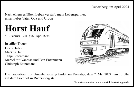 Traueranzeige von Horst Hauf von Waiblinger Kreiszeitung