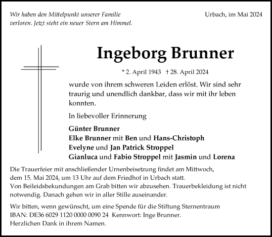 Traueranzeige von Ingeborg Brunner von Waiblinger Kreiszeitung