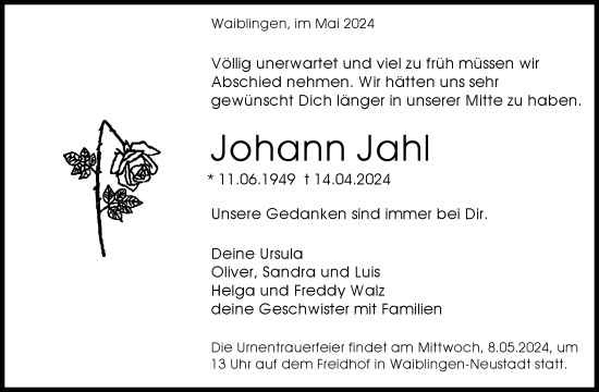 Traueranzeige von Johann Jahl von Waiblinger Kreiszeitung
